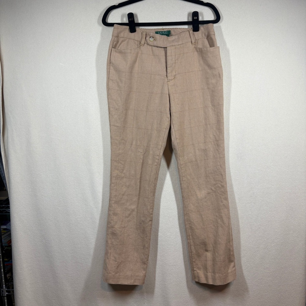 Lauren Ralph Lauren Adelle Houndstooth Glen Plaid Pants Tan White 6 Straight Leg